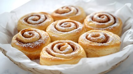 Golden-brown cinnamon&nbsp;rolls on white parchment paper, displayed on marble&nbsp;surface with powdered sugar topping, highlighting swirled pastry&nbsp;texture and appetizing appearance.