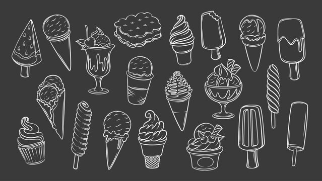 Ice cream doodle icons set. Funny chalk vintage sketches of different gelato and popsicles on blackboard. Summer dessert menu mascot, hand drawn ice cream icons collection vector illustration