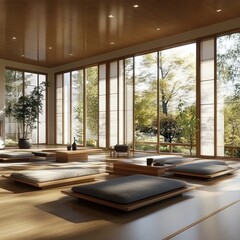 Fototapeta premium Serene minimalist zen room with large windows, wooden floors, and tatami mats.