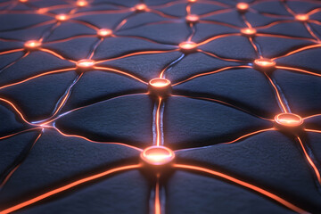 Abstract network connection, glowing nodes on dark textured surface.  Represents digital connectivity, neural network, or futuristic technology.
