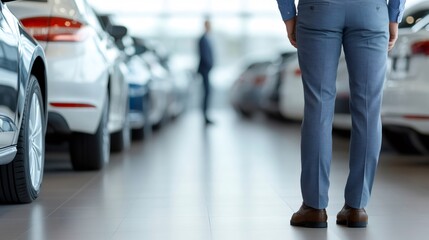 Fototapeta premium Automotive sales expert helping a customer choose a new vehicle in the showroom, demonstrating exceptional customer service