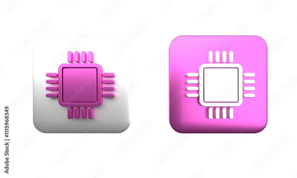 Poster Colorful Computer processor with microcircuits CPU icon isolated on white background. Chip or cpu with circuit board. Micro processor. Square button. 3D render illustration