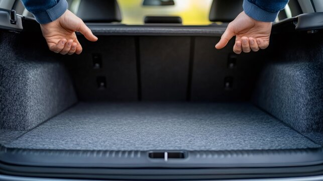 Mechanic's hands opening an empty car trunk, highlighting the spotless interior and preparedness for inspection or storage