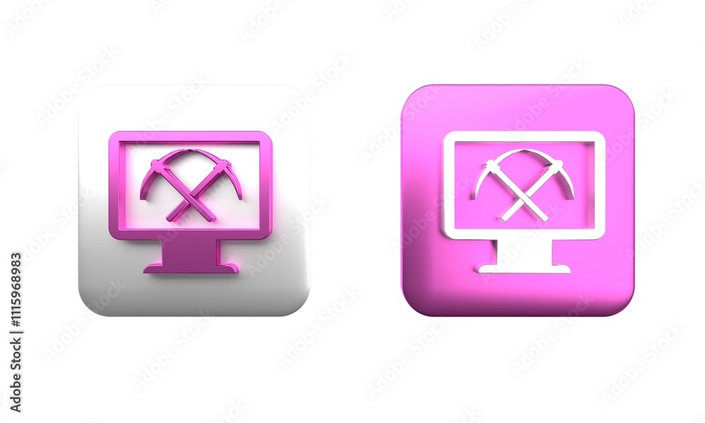 Poster colorful mining concept with monitor and pickaxe icon isolated on white background. blockchain techn
