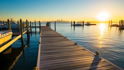 Obraz premium Sunrise Over City Skyline Wooden Dock Boats