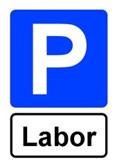 Illustration eines blauen Parkplatzschildes mit der Aufschrift "Labor"	