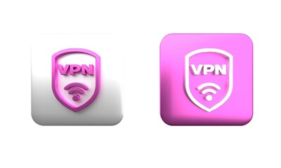 Fototapeta premium Colorful Shield with VPN and wifi wireless internet network symbol icon isolated on white background. VPN protect safety concept. Square button. 3D render illustration