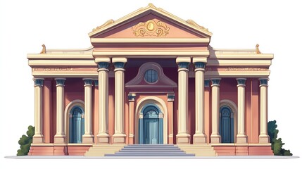Fototapeta premium a 2D cartoon illustration of a grand theater building with pillars, classic and cultural, white background--ar 16:9