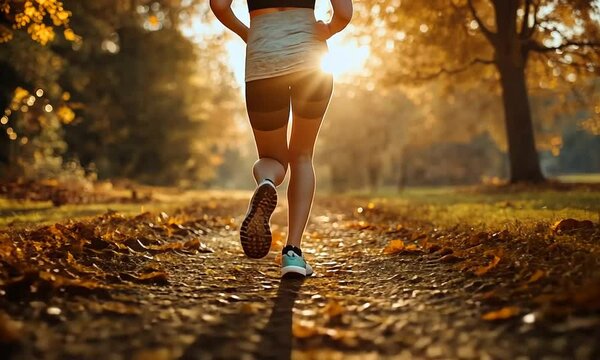A runner jogging on a leaf-covered path during a golden sunset in a serene environment.