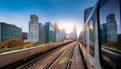 Fototapeta premium a train is traveling down a track in a city