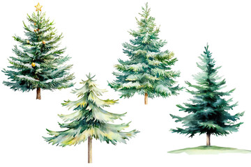 Fototapeta premium Set christmas fir tree in watercolor isolated on white or transparent background