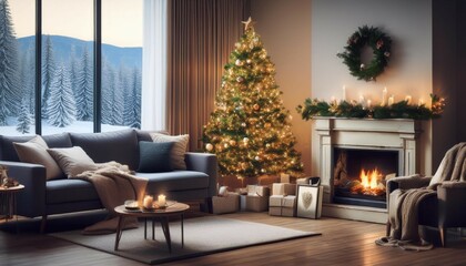 a cozy living room with a christmas tree and a fireplace