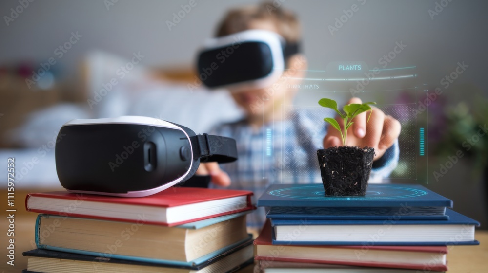 Poster a child using virtual reality to interact with a plant in a learning environment.