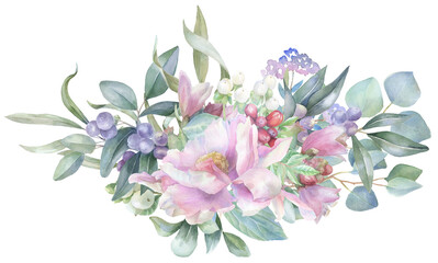 Hand-painted watercolor borders, pink peonies, eucalyptus, berries, rustic, botanical, scrapbooking, vintage design, junk journal flowers