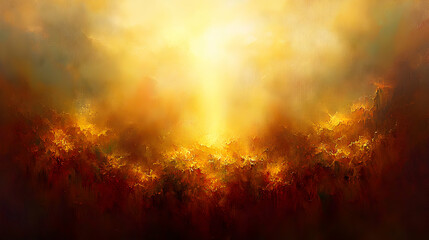 Fototapeta premium Abstract landscape painting, warm golden hues, textured brushstrokes, sunlit field, impressionistic style, evokes peace and serenity.