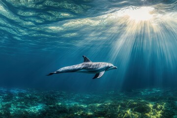 Fototapeta premium Two Pacific white-sided dolphins, Lagenorhynchus obliquidens, swimming underwater. Closeup. 4K. Beautiful simple AI generated image