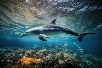 Obraz premium Two Pacific white-sided dolphins, Lagenorhynchus obliquidens, swimming underwater. Closeup. 4K. Beautiful simple AI generated image