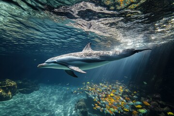 Fototapeta premium Two Pacific white-sided dolphins, Lagenorhynchus obliquidens, swimming underwater. Closeup. 4K. Beautiful simple AI generated image