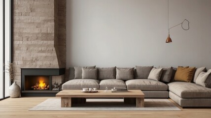 Living Room Interior with Concrete and Glass Features
