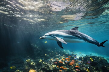 Obraz premium Two Pacific white-sided dolphins, Lagenorhynchus obliquidens, swimming underwater. Closeup. 4K. Beautiful simple AI generated image