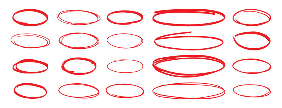 red pen hand drawn doodle marks, red circle and oval stroke set. Outline red drawing line clipart symbol