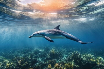 Obraz premium Two Pacific white-sided dolphins, Lagenorhynchus obliquidens, swimming underwater. Closeup. 4K. Beautiful simple AI generated image