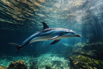 kids-boy and girl- watching fishes in aquarium. Beautiful simple AI generated image