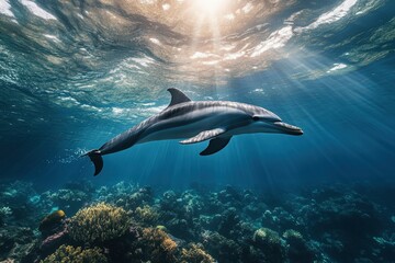 Obraz premium Two Pacific white-sided dolphins, Lagenorhynchus obliquidens, swimming underwater. Closeup. 4K. Beautiful simple AI generated image