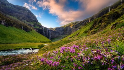 Cascading waters tumble through rocky cliffs, creating a misty spectacle of natural beauty in the lush valley.