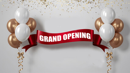 Grand opening banner with Red ribbon luxury celebration background. Grand opening invitation flyer with red and gold cut ribbons and scissors. Golden text on luxury background. Falling confetti 
