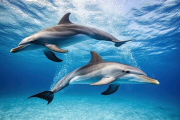 Two Pacific white-sided dolphins, Lagenorhynchus obliquidens, swimming underwater. Closeup. 4K. Beautiful simple AI generated image
