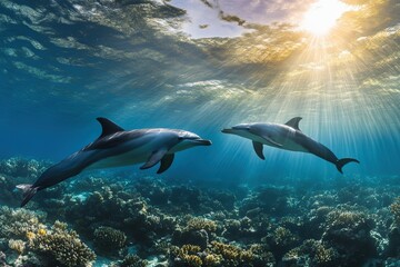 Fototapeta premium Two Pacific white-sided dolphins, Lagenorhynchus obliquidens, swimming underwater. Closeup. 4K. Beautiful simple AI generated image