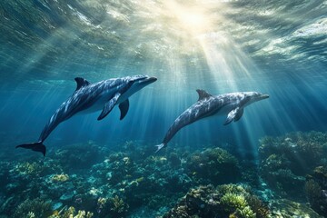 Fototapeta premium Two Pacific white-sided dolphins, Lagenorhynchus obliquidens, swimming underwater. Closeup. 4K. Beautiful simple AI generated image