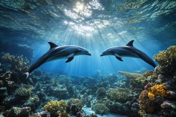 Obraz premium Two Pacific white-sided dolphins, Lagenorhynchus obliquidens, swimming underwater. Closeup. 4K. Beautiful simple AI generated image