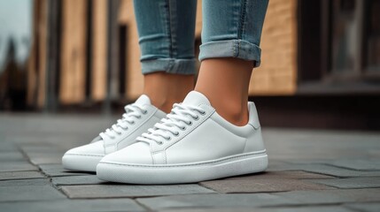 A close-up of stylish white sneakers worn with rolled-up jeans on a paved surface.
