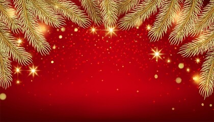 gold christmas fir branches on red background with bokeh snowflakes light stars merry christmas and new year card  illustration xmas holiday