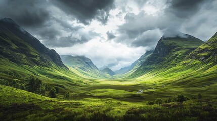 Fototapeta premium Scenic Landscape of Mountain Valley under Cloudy Skies