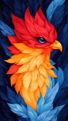 Fototapeta premium A vibrant, stylized phoenix with fiery red and orange plumage, set against a backdrop of cool blue leaves, symbolizing rebirth and transformation.