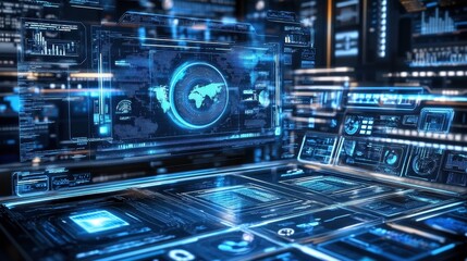 Fototapeta premium Futuristic Digital Interface with Global Map and Data Visualization