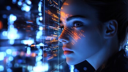 Woman's face projected with digital data streams.