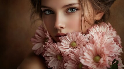 A close-up portrait of a young woman surrounded by pink flowers, evoking beauty and serenity.