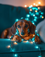 Photo of a brown dachshund wearing fairy lights, sitting on a couch with blue and teal lighting.