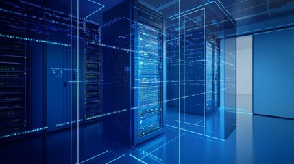 Modern server room with glass walls and blue lights. Big data technology concept. 