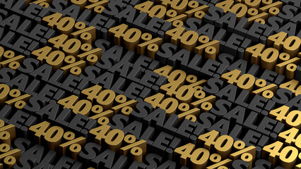 Gold and black 40% off sale offer background. 10 to 90 percent discount sale signs in a rows for flash sale, cyber week, mega sale, black friday, black week advertising and discount promotion offer.