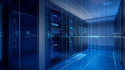 Modern server room with glass walls and blue lights. Big data technology concept. 