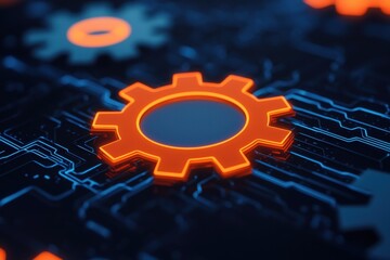 A close-up of glowing orange gears on a circuit board, symbolizing technology, innovation, and mechanical engineering.