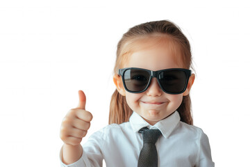 A confident young girl wearing sunglasses and a tie giving a thumbs up on a transparent background