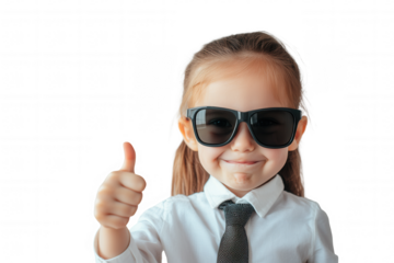 A confident young girl wearing sunglasses and a tie giving a thumbs up on a transparent background