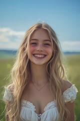Joyful Young Woman Smiling in a Sunlit Field of Green Grass with Blue Sky and Soft Clouds, Capturing the Essence of Happiness and Freedom in Nature