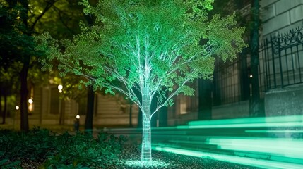 Obraz premium Glowing Green Tree Night Cityscape Nature Tech Urban Ecology Smart City Environmental